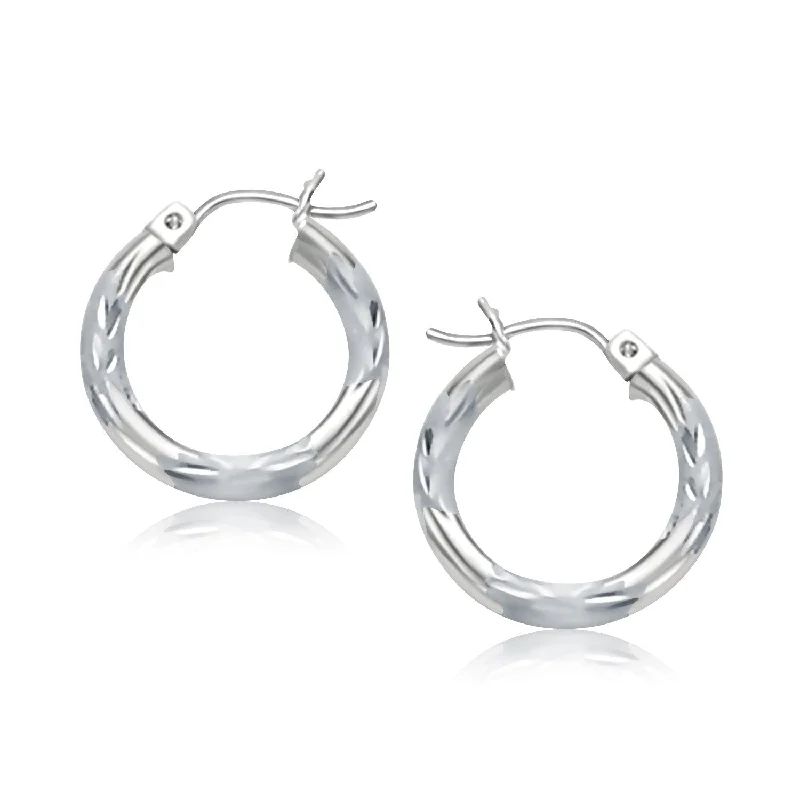 Women's art deco earrings-14k White Gold Hoop Earrings with Diamond Cuts (3x15mm)