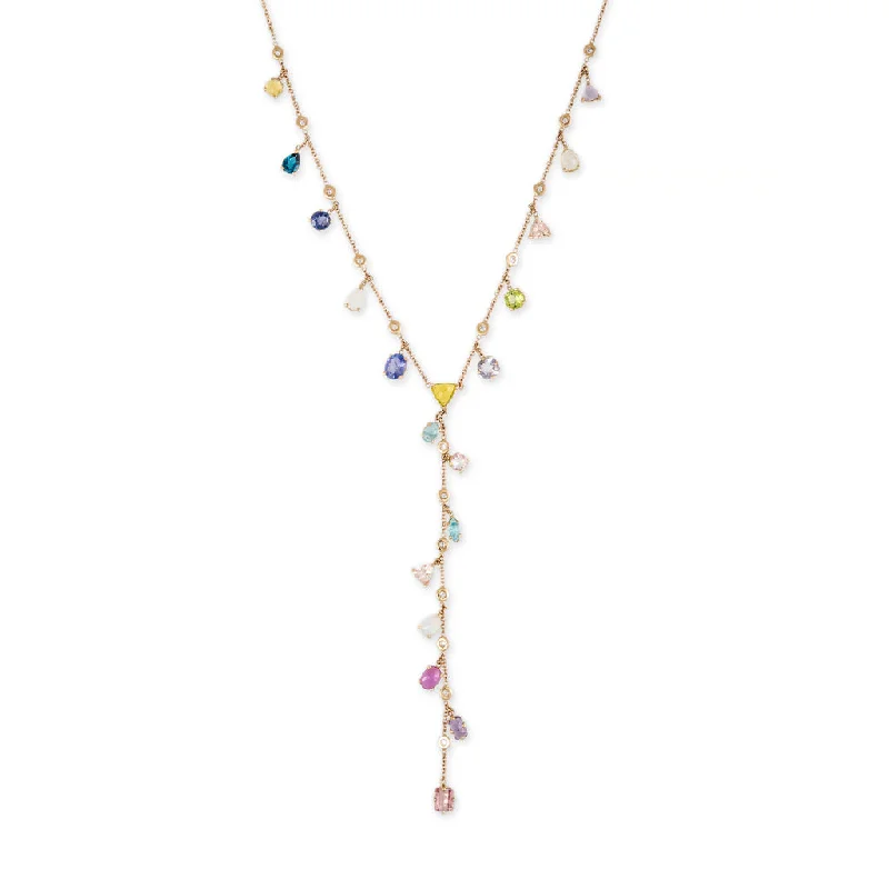 Custom women's necklaces-MULTI SHAPE GEMSTONE + DIAMOND SHAKER Y NECKLACE