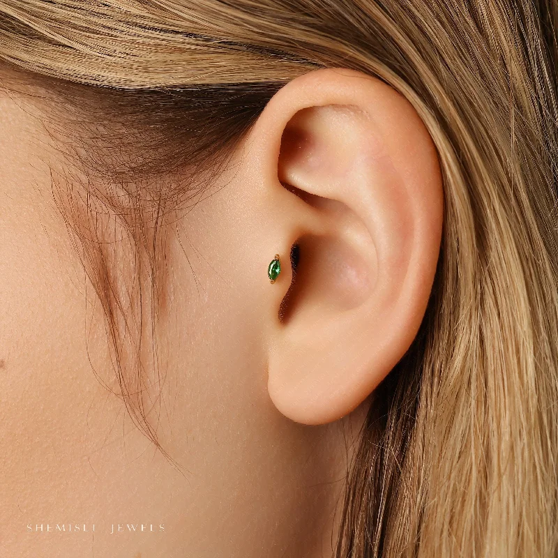 Women's star earrings-Tiny Emerald Marquise Threadless Flat Back Tragus Stud, 20,18,16ga, 5-10mm, Unisex, Surgical Steel, SHEMISLI SS582