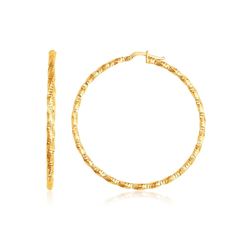 Women's religious earrings-14k Yellow Gold Patterned Hoop Earrings with Twist Design(2x45mm)