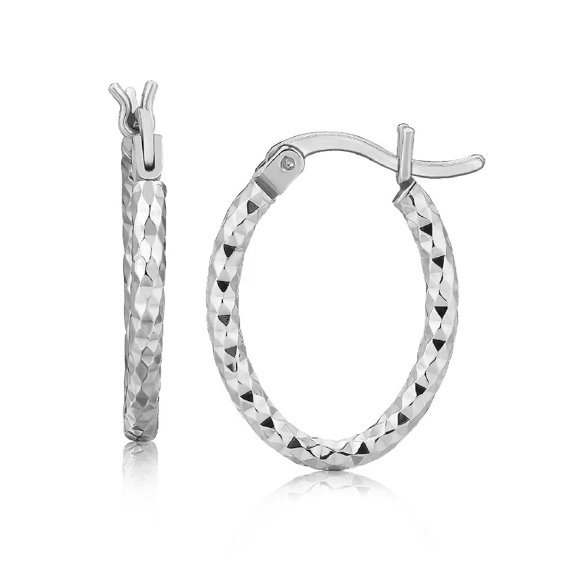 Trendy women's earrings-Sterling Silver Rhodium Plated Oval Hoop Diamond Cut Textured Earrings(2x10mm)