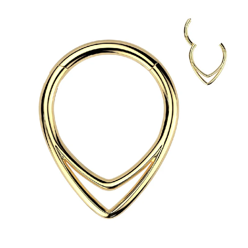 Handmade women's rings-Titanium Gold Double Chevron Line Hinged Segment Hoop Ring - TI-196A