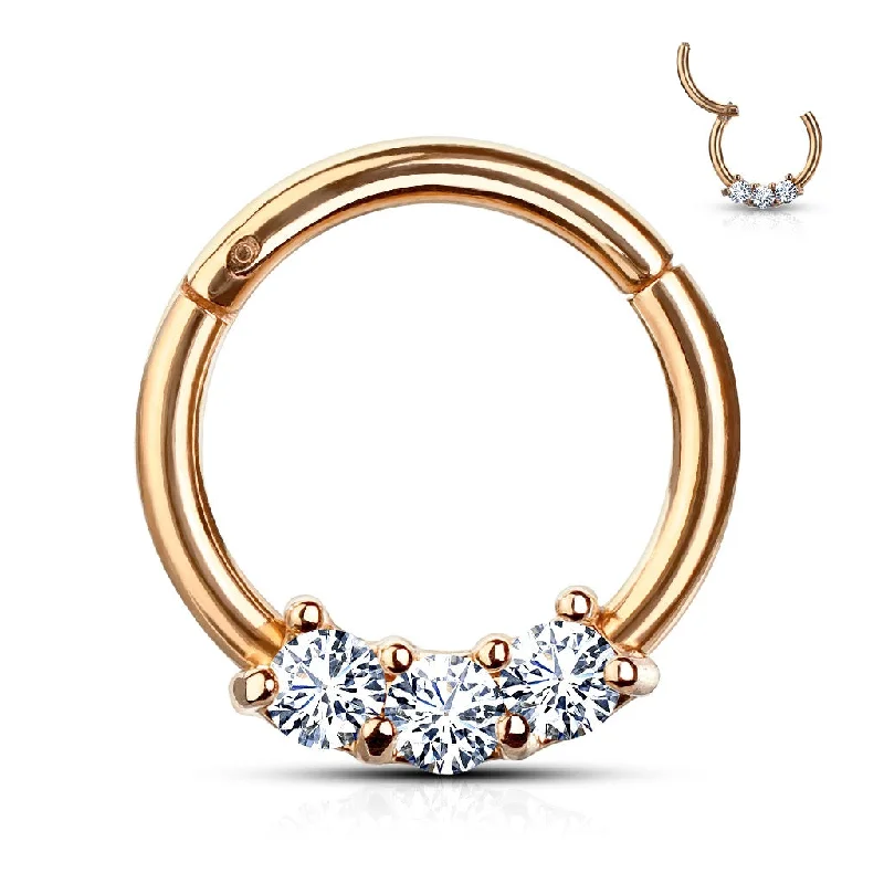 Women's sustainable rings-Rose Gold Jewelled High Quality Precision Triple CZ Hinged Ring - E319B