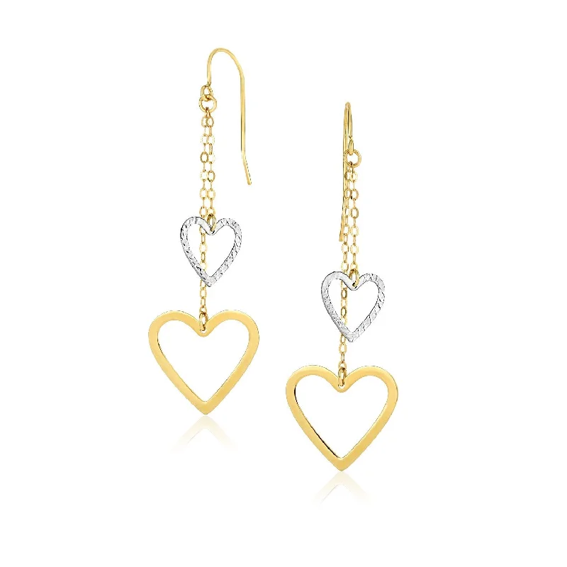 Women's party earrings-10k Two-Tone Gold Cutout Heart Chain Dangling Earrings