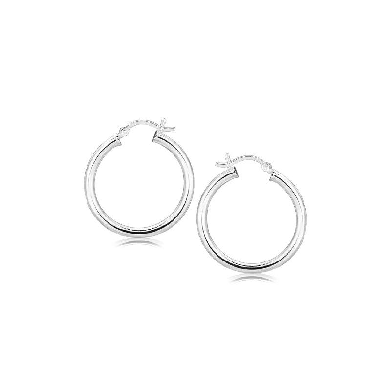 Women's cross earrings-Sterling Silver Rhodium Plated Polished Look Hoop Earrings (3x25mm)