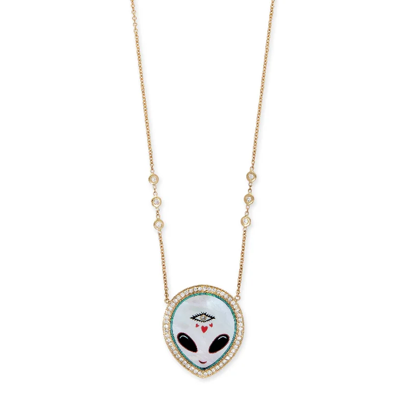 Women's name necklaces-PAVE PEARL + ONYX ALIEN HEART EYE INLAY NECKLACE