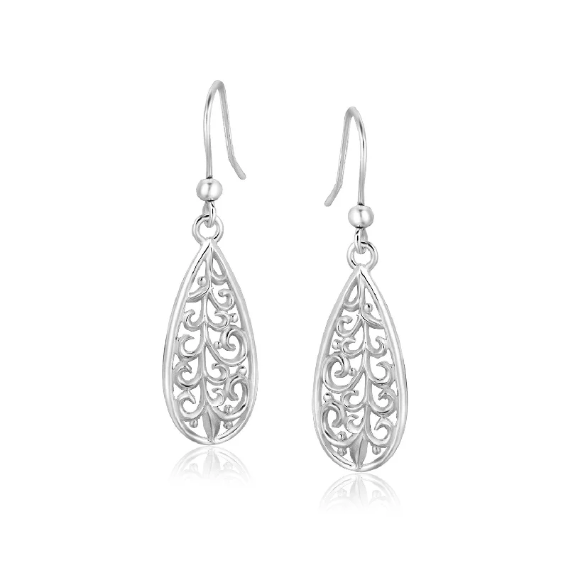 Women's birthstone earrings-Sterling Silver Teardrop Filigree Style Drop Earrings