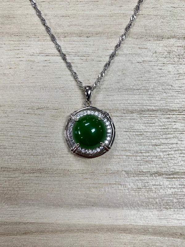 Women's long necklaces-Jade and Sterling Silver Round Necklace with CZ