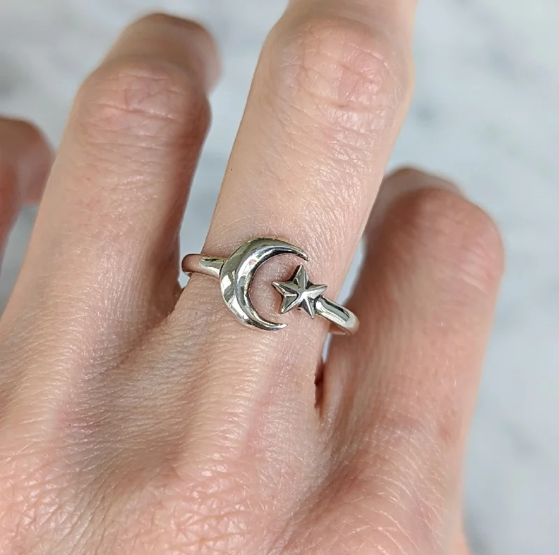 Women's celestial rings-Sterling Star and Moon Ring