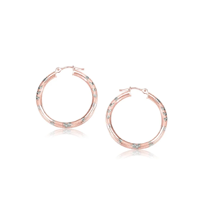 Women's K gold earrings-14k Rose Gold Fancy Diamond Cut Hoop Earrings(3x25mm)