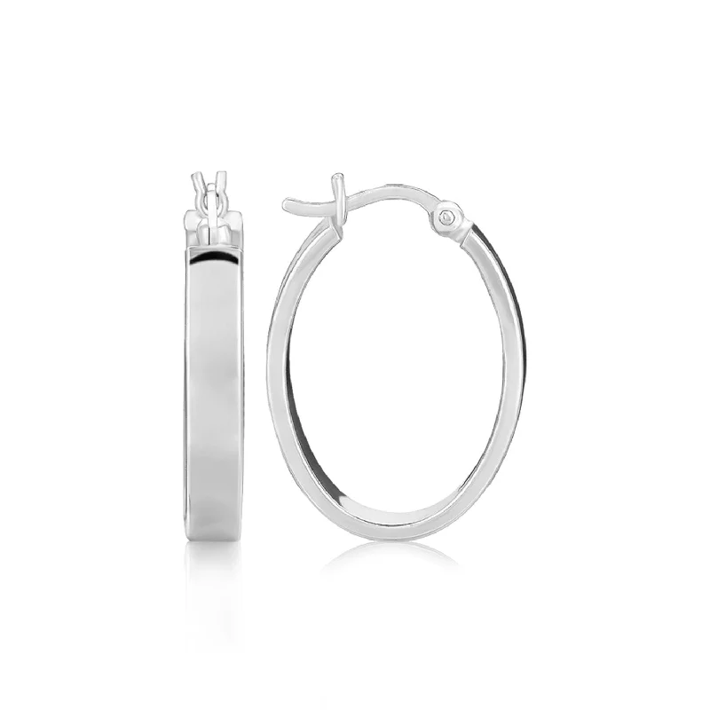 Women's vintage-inspired earrings-Sterling Silver Flat Style Oval Hoop Earrings with Rhodium Plating(4x14mm)