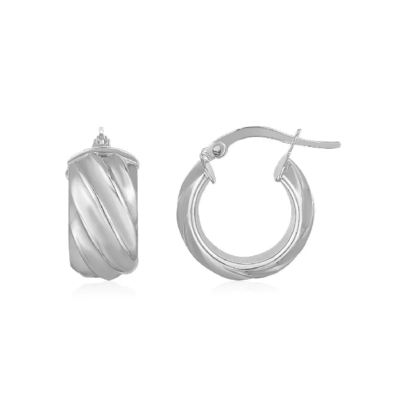 Women's lightweight earrings-14K White Gold Ribbed Hoop Earrings Wide