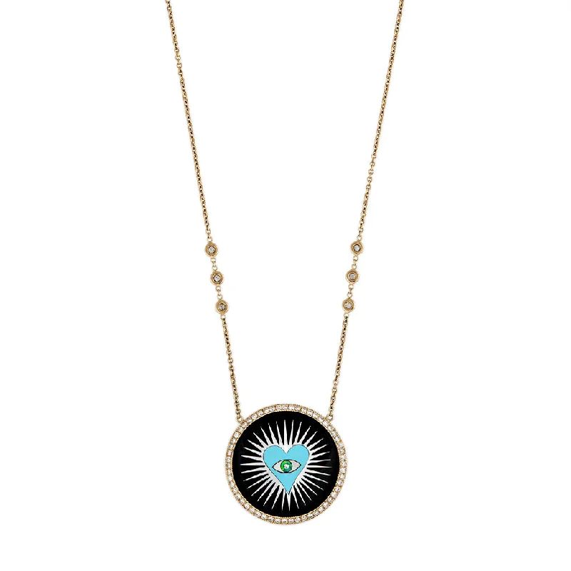 Women's charm necklaces-PAVE ONYX INLAY TURQUOISE HEART BURST NECKLACE