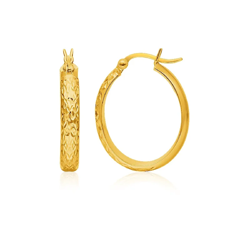 Women's Christmas earrings-14k Yellow Gold Hammered Oval Hoop Earrings