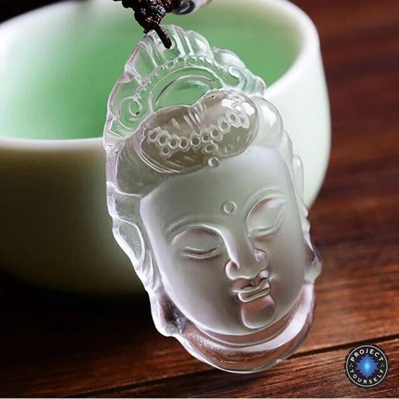 Women's couple necklaces-Natural Clear Crystal Carved Guanyin Pendant Necklace