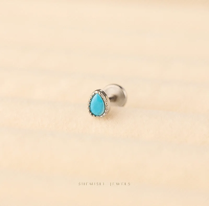 Women's minimalist earrings-Tiny Teardrop Turquoise Threadless Flat Back Tragus Stud, 20,18,16ga, 5-10mm Unisex, Surgical Steel SHEMISLI SS596