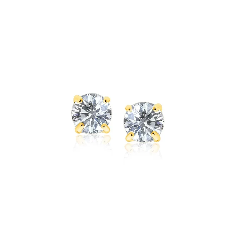 Minimalist women's earrings-14k Yellow Gold Stud Earrings with White Hue Faceted Cubic Zirconia(4mm)