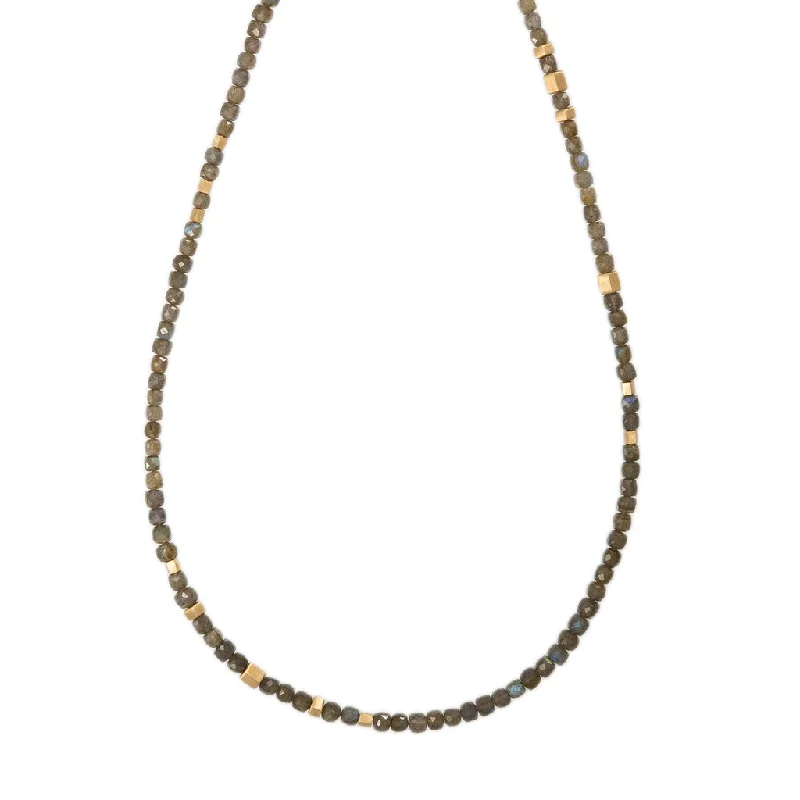 Women's alloy necklaces-GOLD HEXAGON BEADS + LABRADORITE BEADED NECKLACE