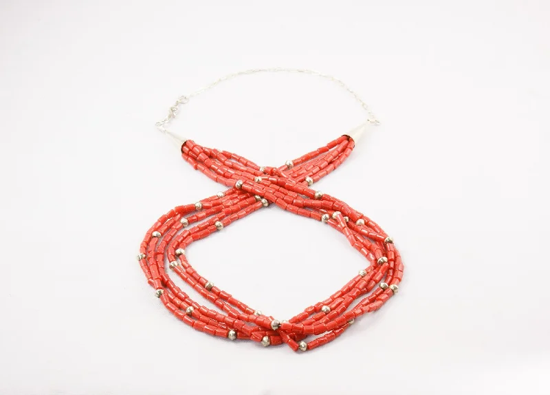 Women's silver necklaces-Zuni Red Coral Five Strand Necklace