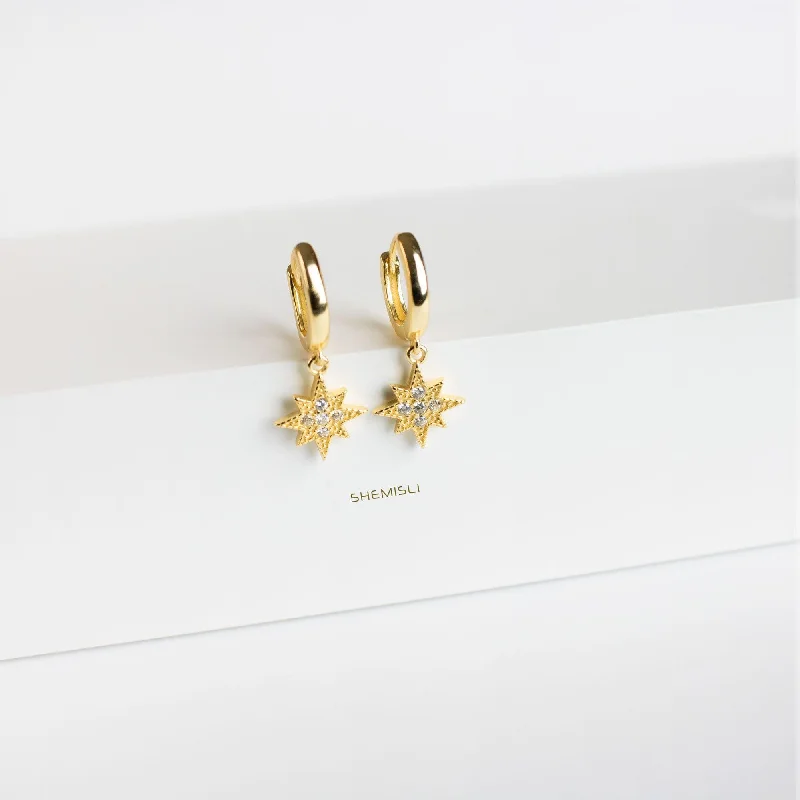 Women's exclusive earrings-Star Paved Hoop Earrings, CZ Drop Huggies, Gold, Silver SHEMISLI SH109