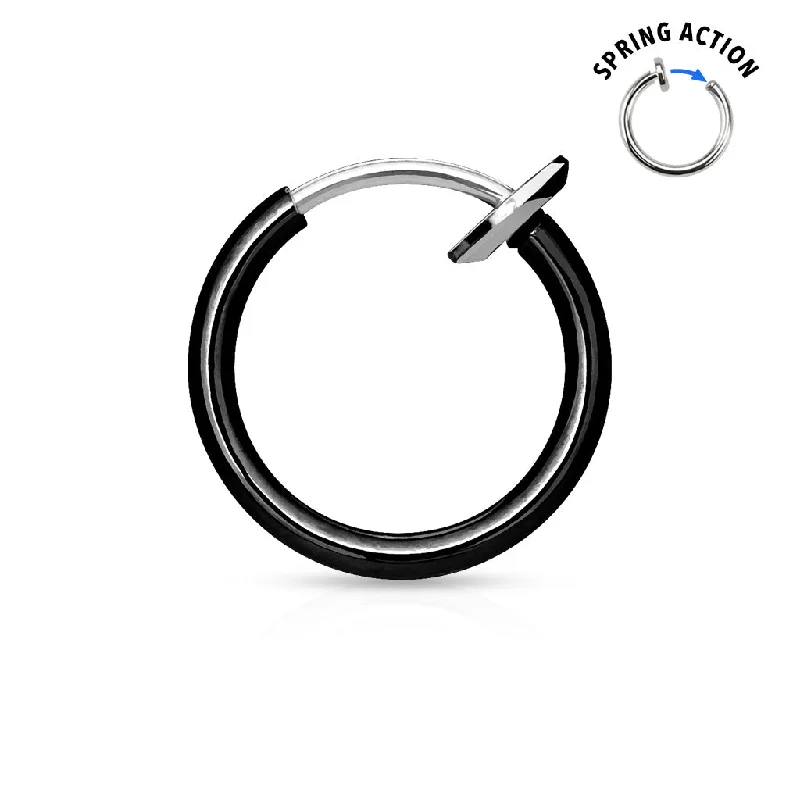 Women's stackable rings-Black Titanium Spring-Action Fake Septum/Nose/Ear Hoop - S679