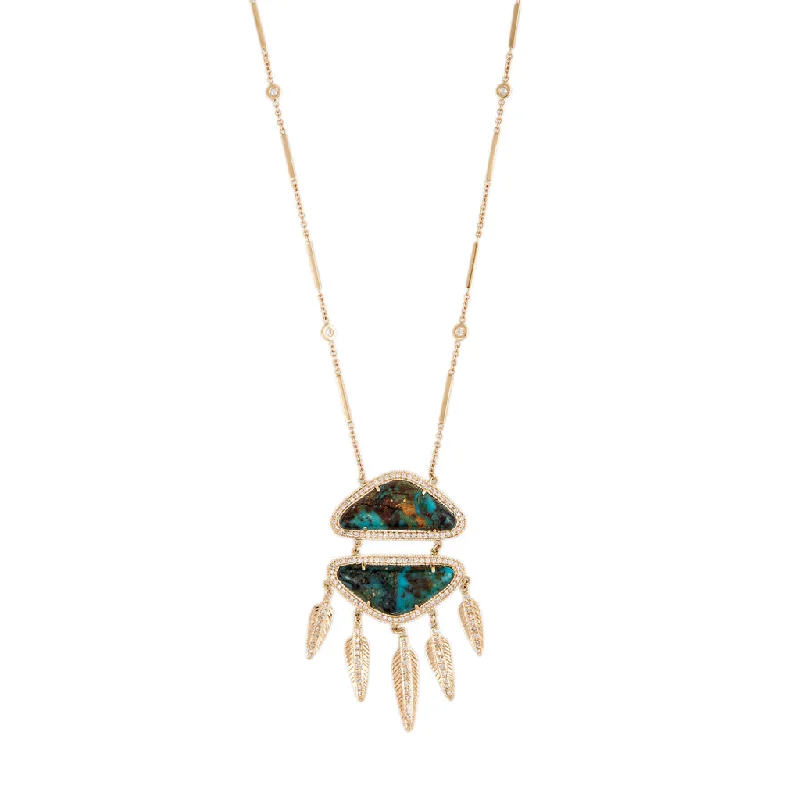 Women's layered necklaces-CHRYSOCOLLA PAVE DIAMOND DOUBLE TRIANGLE FEATHER SHAKER NECKLACE