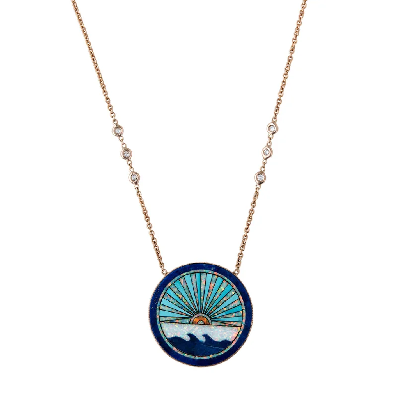 Women's K gold necklaces-LAPIS + TURQUOISE SUNSHINE OPAL INLAY NECKLACE