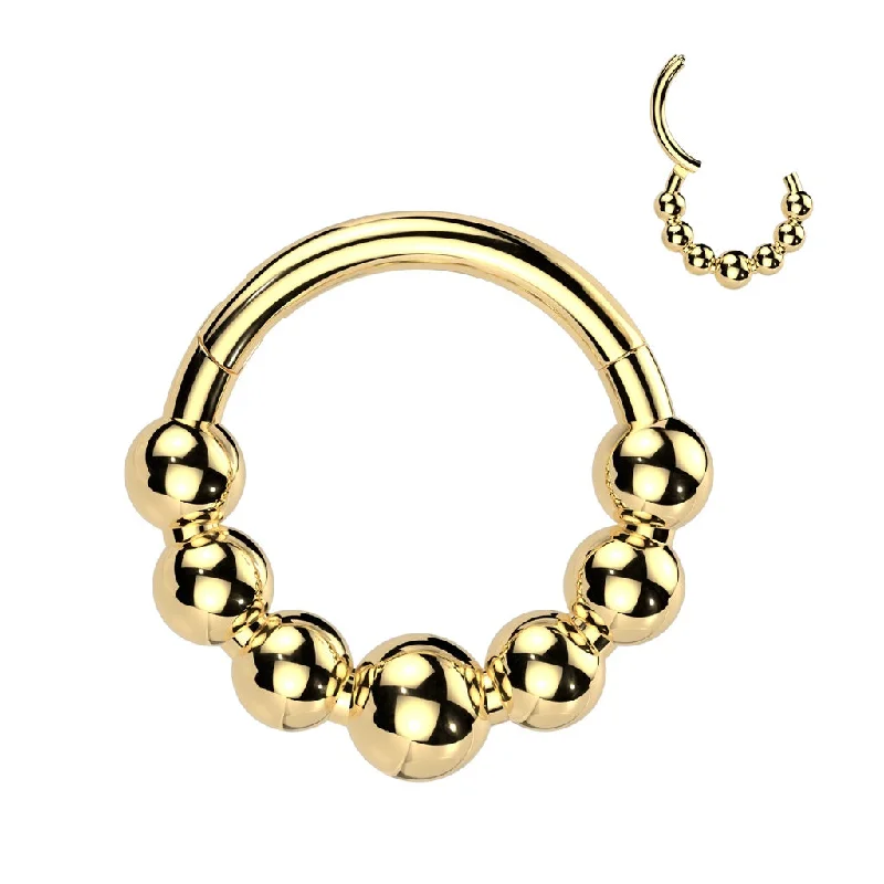 Women's friendship rings-Titanium Gold Hinged Segment Hoop Ring with 7 Beaded Balls - TI-187A