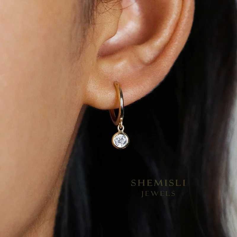 Women's celestial earrings-CZ Drop Hoop Earrings, Huggies, Unisex, Gold, Silver SHEMISLI SH068