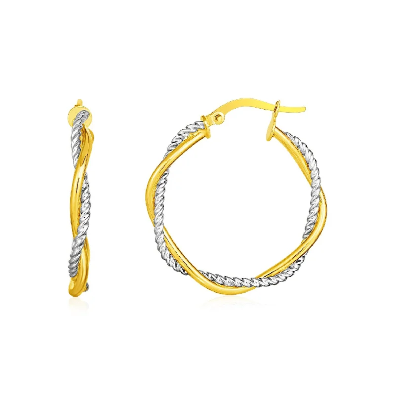 Women's moon phase earrings-14k Yellow and White Gold Two Part Textured Twisted Round Hoop Earrings(3x23mm)