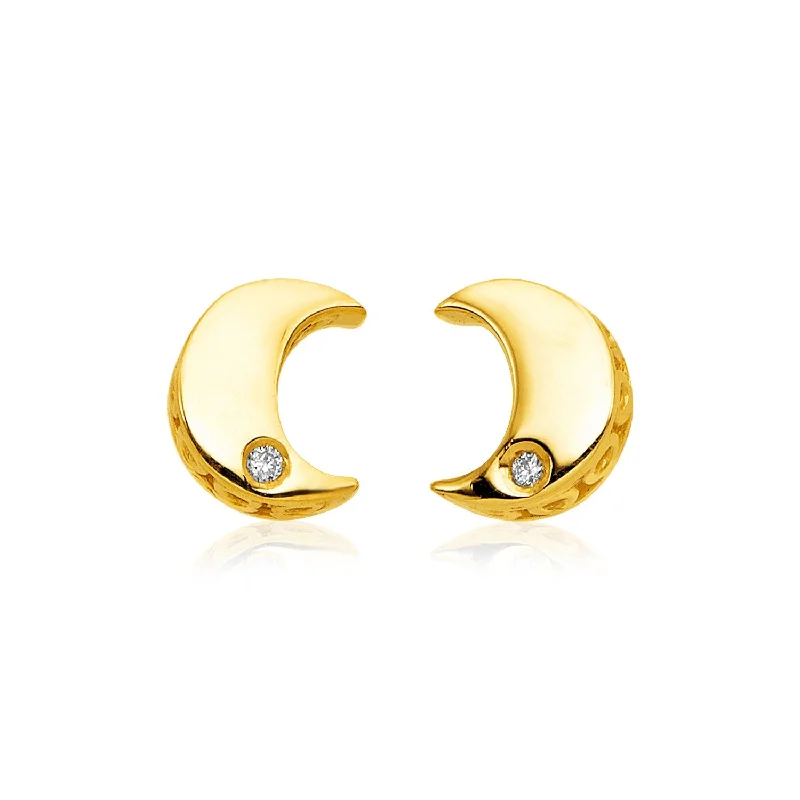 Women's mother-daughter earrings-14k Yellow Gold Polished Moon Earrings with Diamonds