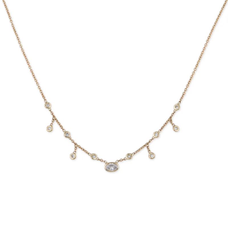 Women's rose gold necklaces-OVAL DIAMOND CENTER HALF SHAKER NECKLACE