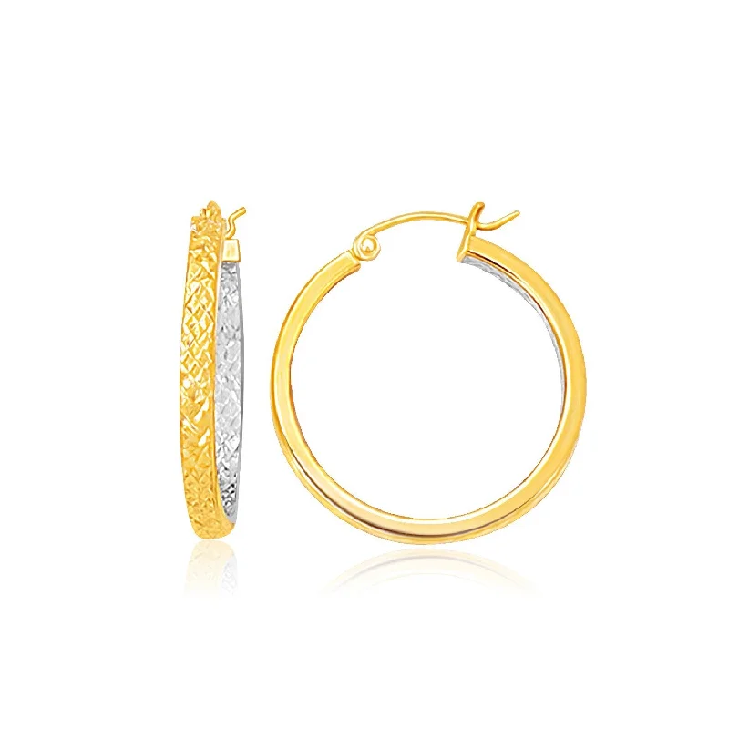 Women's beaded earrings-Two-Tone Yellow and White Gold Petite Patterned Hoop Earrings(3x25mm)