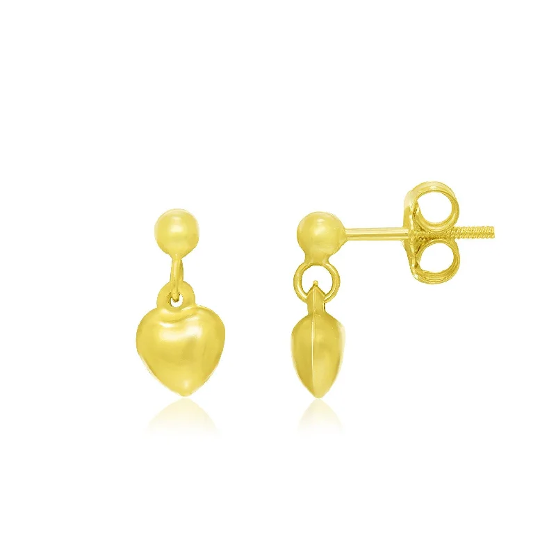 Affordable women's earrings-14k Yellow Gold Puffed Heart childrens Dangling Earrings