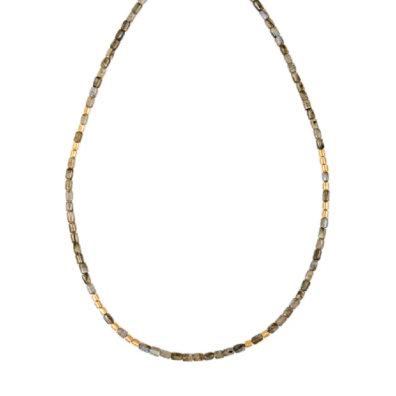 Women's sterling silver necklaces-18 GOLD BEADS + LABRADORITE TUBE BEADED NECKLACE