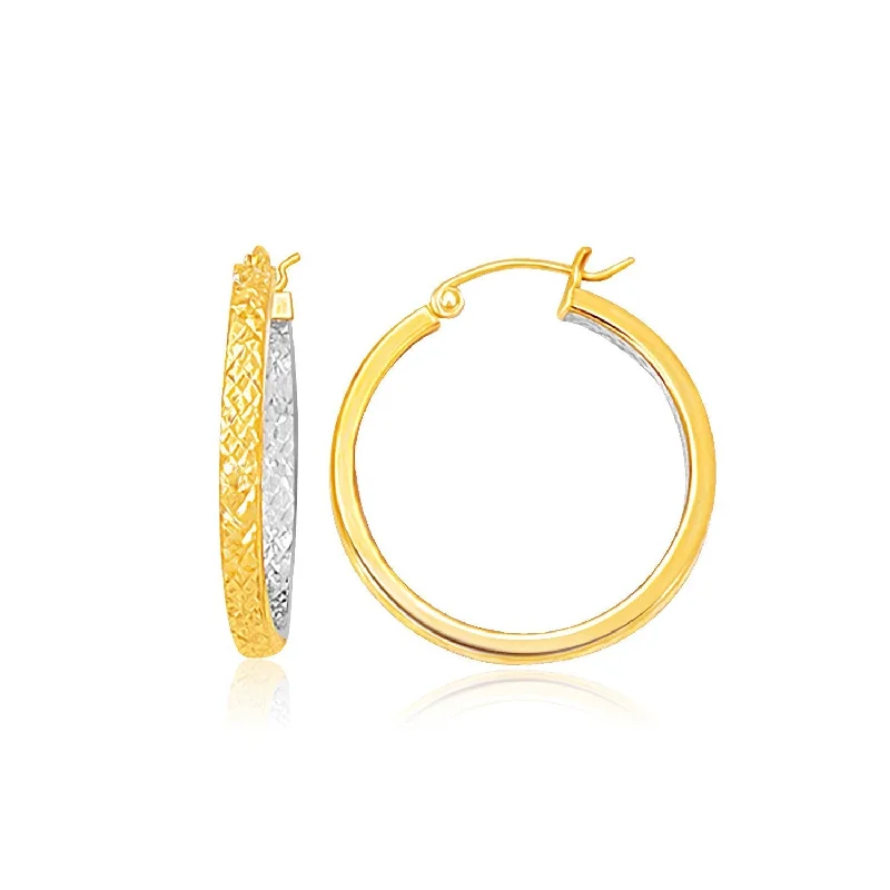 Handmade women's earrings-Two-Tone Yellow and White Gold Petite Patterned Hoop Earrings(3x25mm)