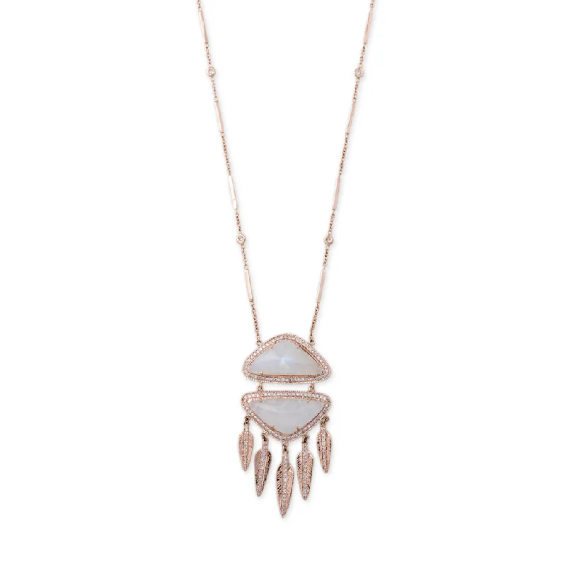 Women's luxury brand necklaces-MOONSTONE PAVE DIAMOND DOUBLE TRIANGLE FEATHER SHAKER NECKLACE