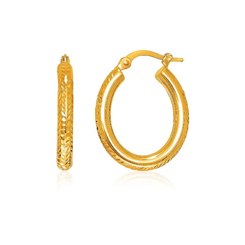 Women's ear cuffs-14k Yellow Gold Diamond Cut Textured Oval Hoop Earrings.