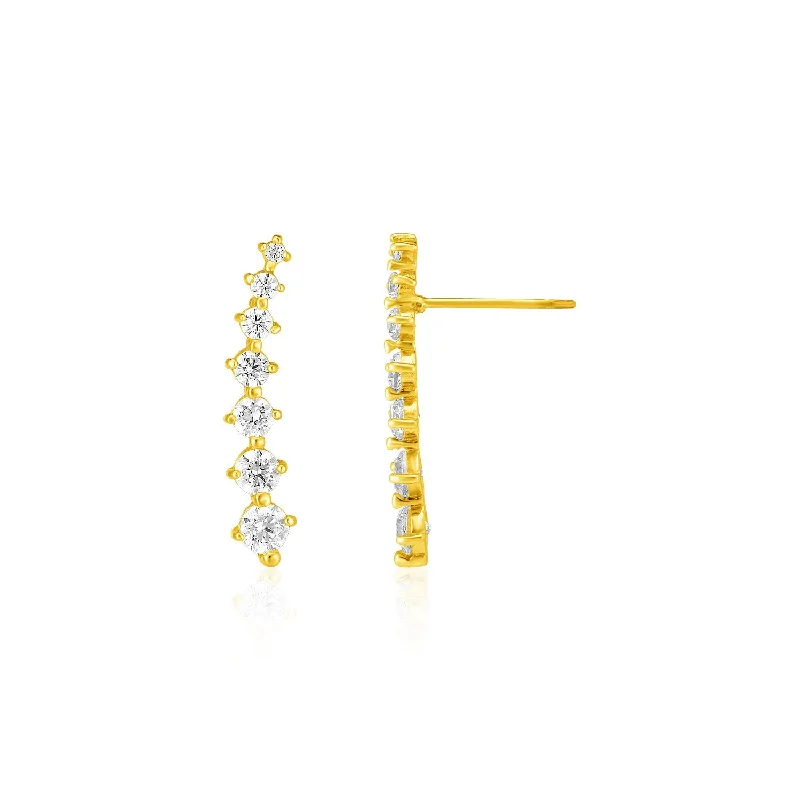 Women's party earrings-14k Yellow Gold Climber Post Earrings with Cubic Zirconias