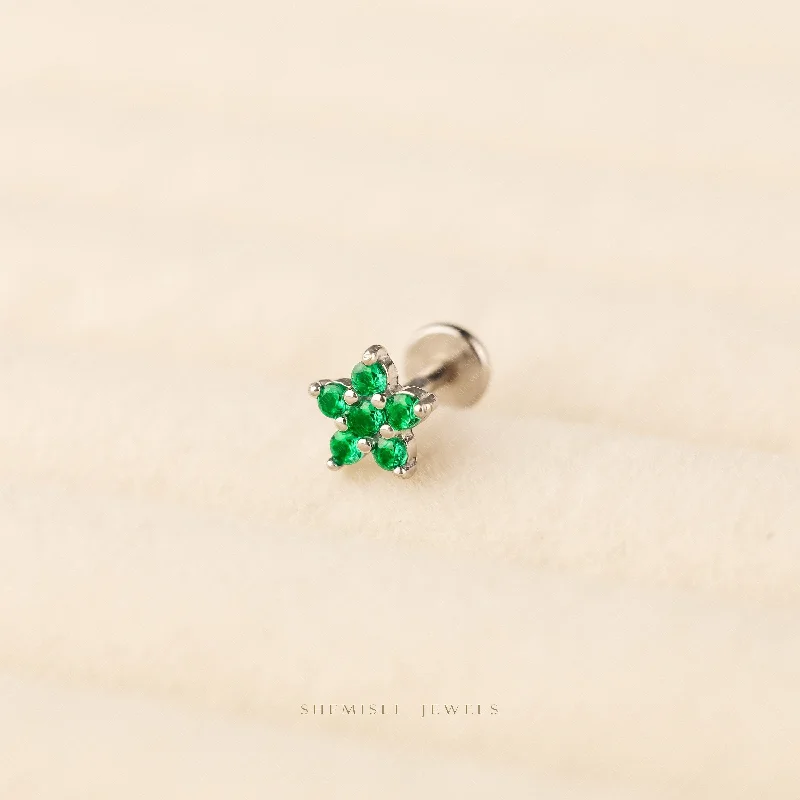 Women's bohemian earrings-Tiny 5 Petal Flower with Emerald Stones, Threadless Flat Back Tragus Stud, 20,18,16ga, 5-10mm Unisex, Surgical Steel SHEMISLI SS572