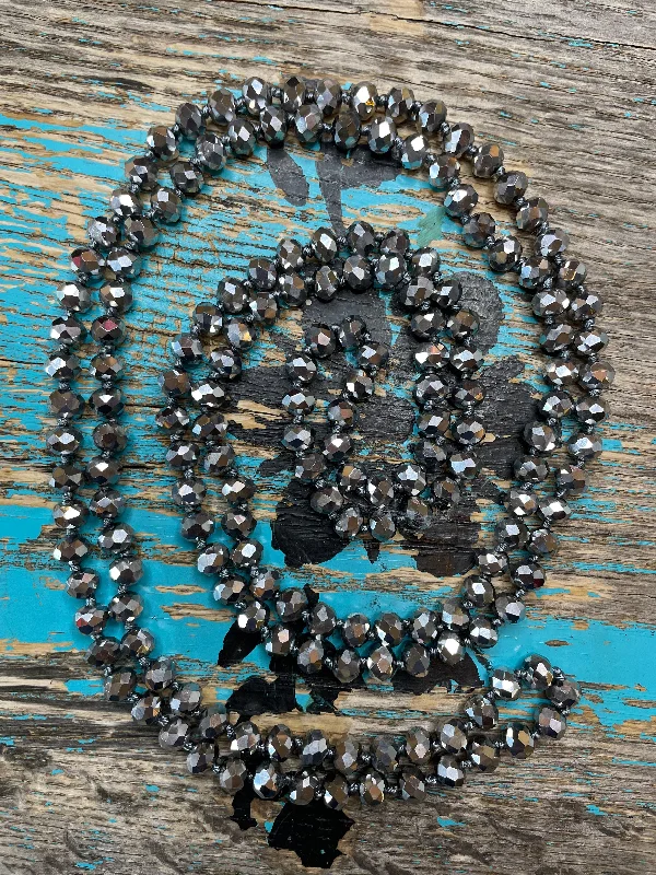 Women's statement necklaces-60" Hand Knotted PLATINUM Bead Necklace