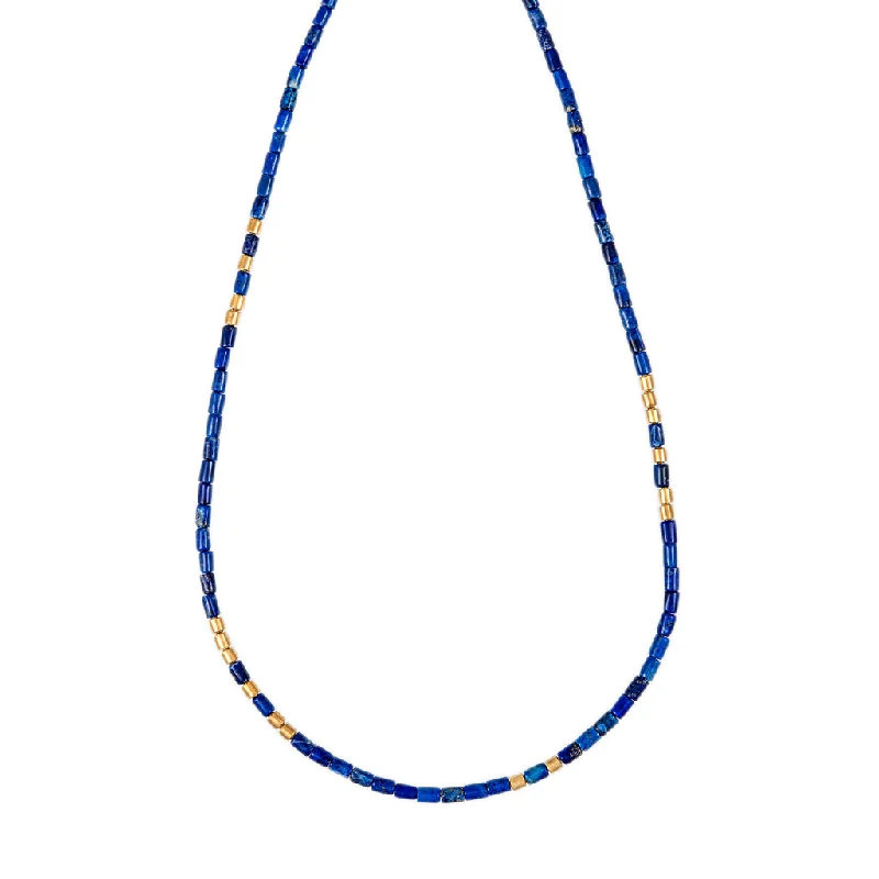 Women's rose gold necklaces-18 GOLD BEADS + LAPIS TUBE BEADED NECKLACE