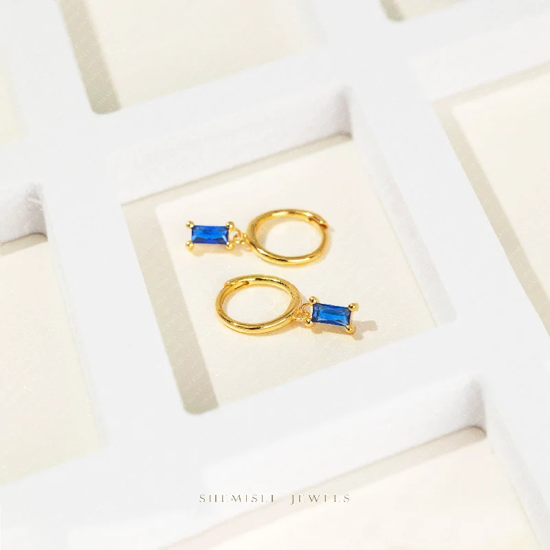 Women's eco-friendly earrings-Sapphire Baguette CZ Drop Hoop Earrings, Huggies, Unisex, Gold, Silver SHEMISLI SH313