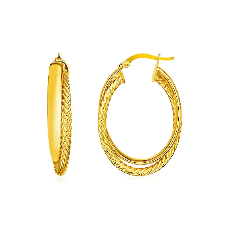 Women's hypoallergenic earrings-14k Yellow Gold Two Part Textured Twisted Oval Hoop Earrings