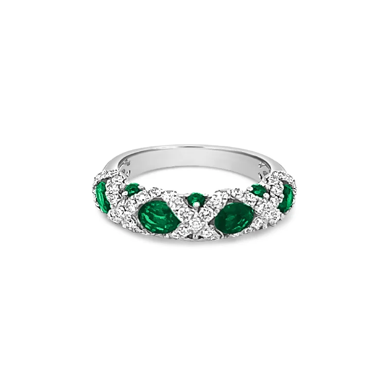 Women's ethical rings-Emerald with Diamond Hugs and Kisses Ring