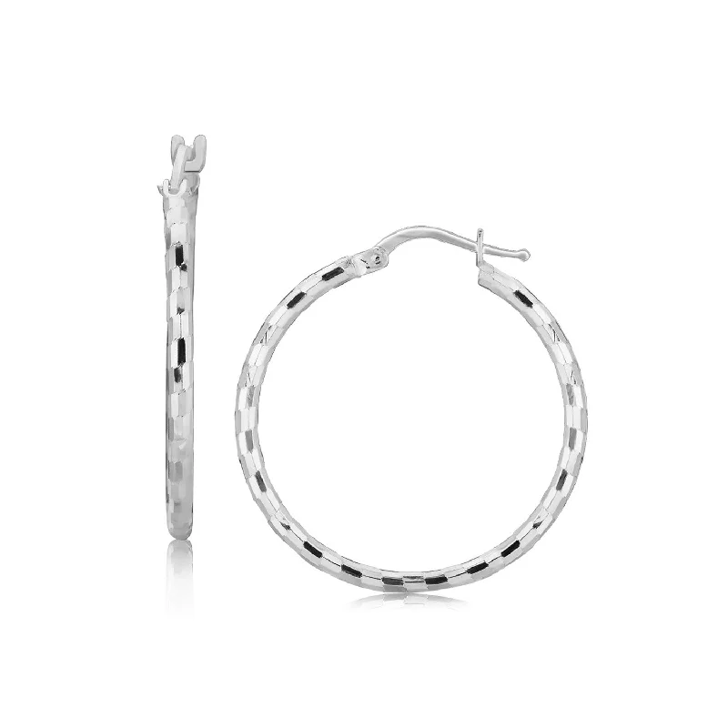 Women's crystal earrings-Sterling Silver Hoop Design Diamond Cut Earrings with Rhodium Plating (2x26mm)