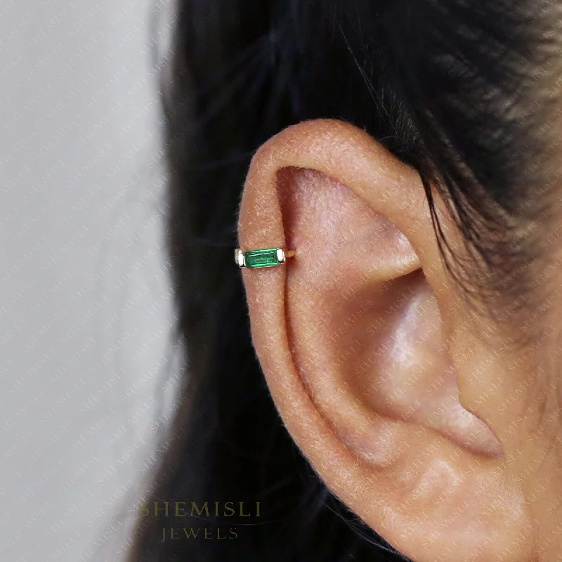 Luxury women's earrings-Emerald Baguette Helix Hoop Earrings, Huggies, Unisex, Gold, Silver SHEMISLI - SH169, SH321, SH322