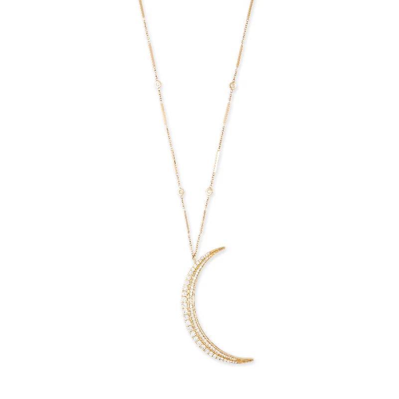 Women's star necklaces-LARGE GRADUATED DIAMOND SLIVER CRESCENT MOON SMOOTH BAR NECKLACE