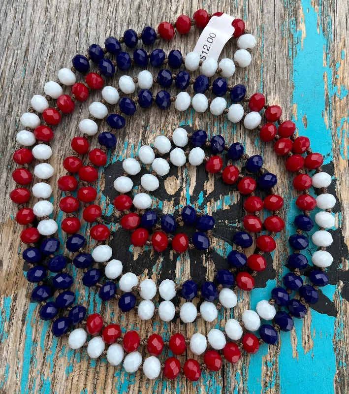 Women's couple necklaces-60" Hand Knotted RED WHITE & BLUE Bead Necklace