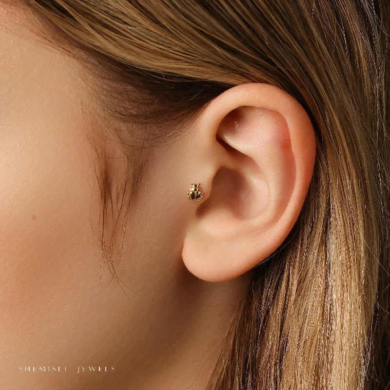 Women's holiday earrings-Dainty Beetle Threadless Flat Back Tragus Stud, 20,18,16ga, 5-10mm, Unisex, Surgical Steel, SHEMISLI SS574